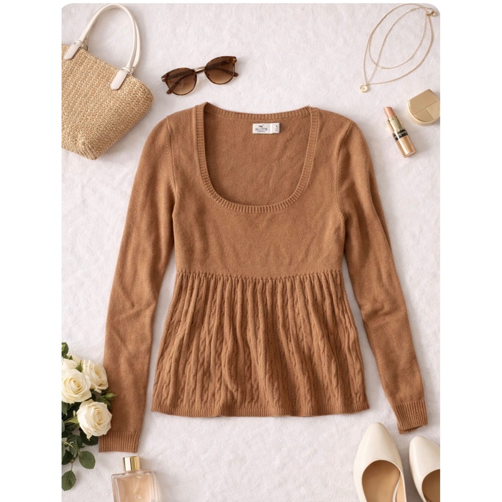 Vtg Hollister Sz Sm Bella Swan Babydoll Cable Knit Sweater Brown Top Retro Y2K